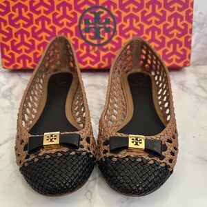 Tory Burch Black and Tan Woven Loafers